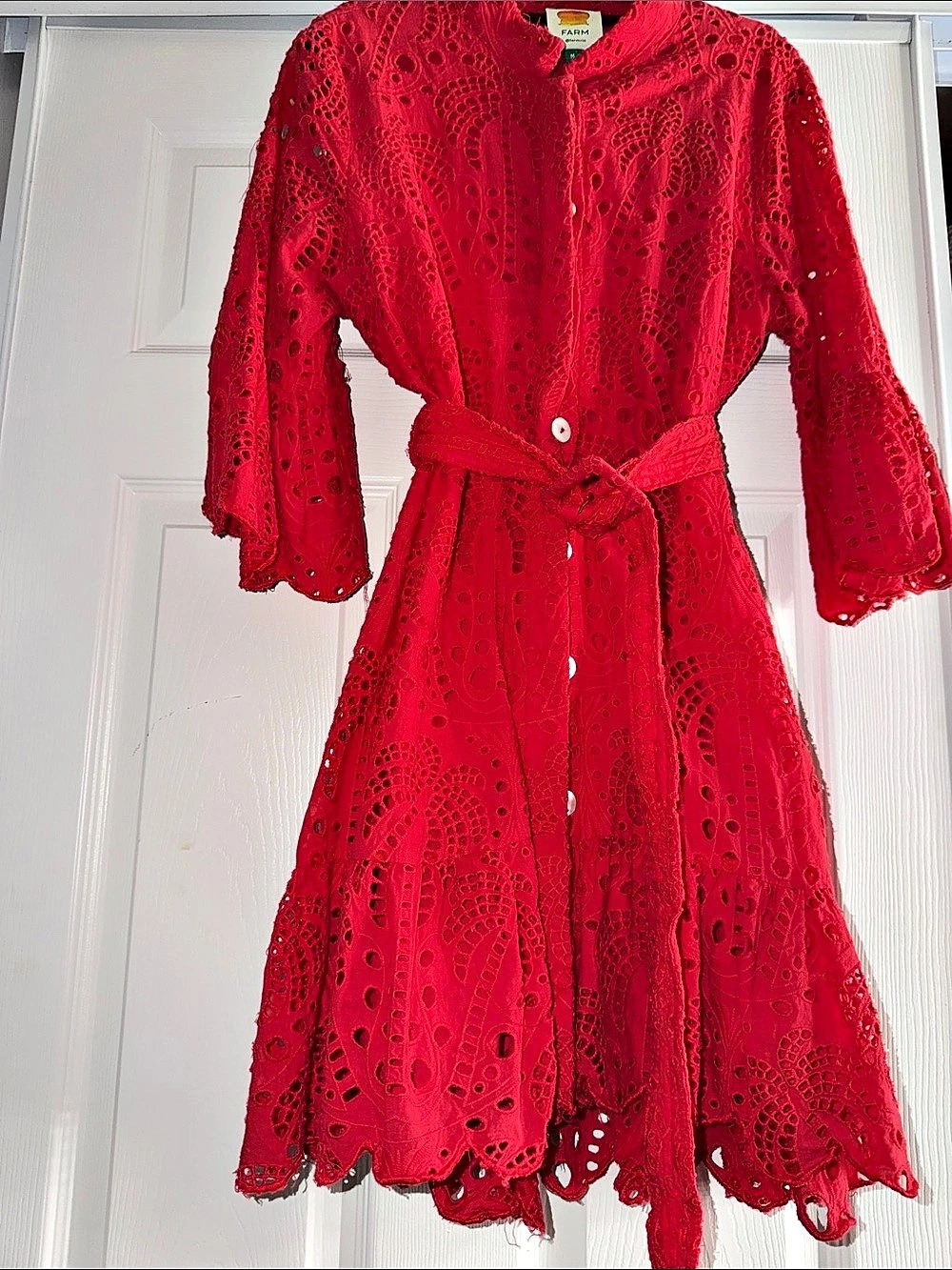 FARM Rio Red Eyelet Midi Dress Size Medium